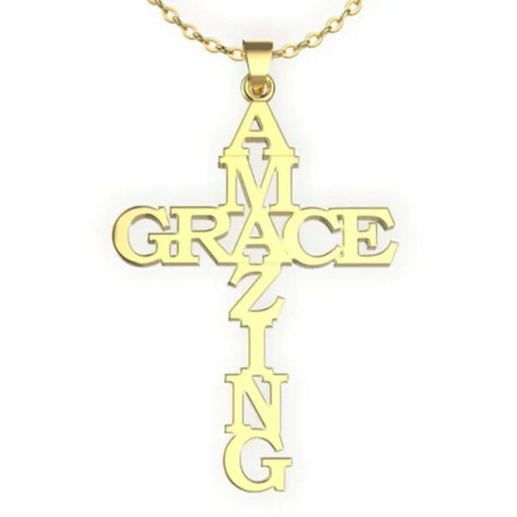 Stainless Steel Amazing Grace Cross Necklace - Gold, Christian Faith, Church - Picture 11 of 11
